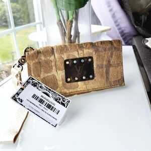 New Keep It Gypsy Gold Wallet Clutch Small Bag Leather Hide Upcycled Rhinestone